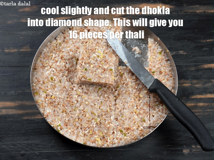 Step 31 – <meta charset="UTF-8" />Cool slightly and cut the&nbsp;<strong>buckwheat dhokla</strong>&nbsp;into diamond shape. This will give you 16 …