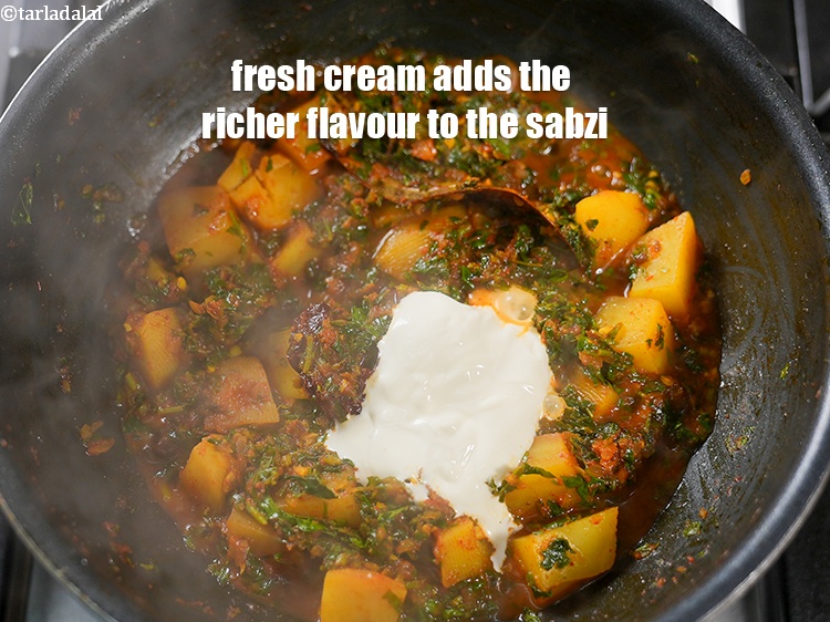 Step 36 – Fresh cream adds the richer flavour to the sabzi.