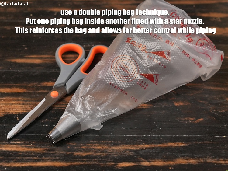 Step 29 – Use a double piping bag technique. Put one piping bag inside another fitted with a …