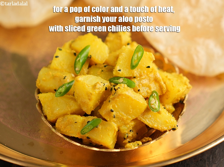 Step 27 – For a pop of color and a touch of heat, garnish your aloo posto with …