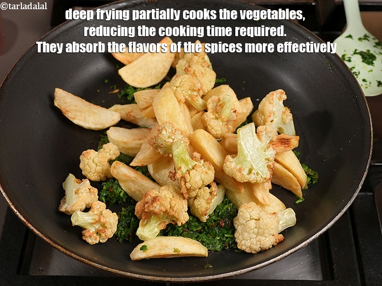 Step 28 – Deep frying partially cooks the vegetables, reducing the cooking time required. They absorb the flavors …