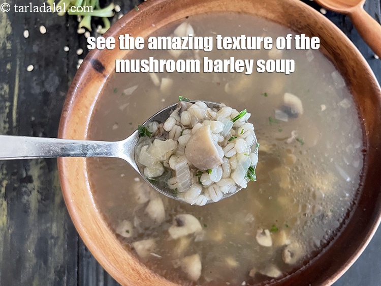 Step 37 – See the lovely texture of the<strong> mushroom barley soup</strong>.