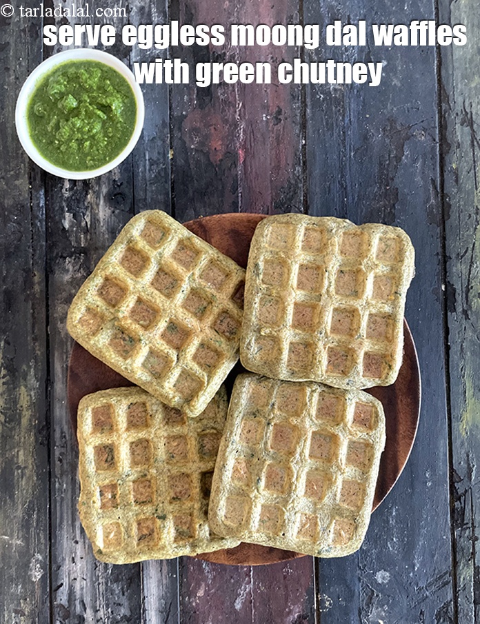 Step 52 – Serve eggles&nbsp;moong dal waffles with green chutney.