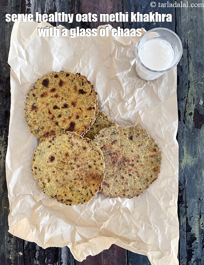 Step 33 – Serve&nbsp;<meta charset="UTF-8" /><strong>healthy&nbsp;oats methi</strong><strong>&nbsp;khakhra&nbsp;</strong>with a glass of chaas. See <a href="https://www.tarladalal.com/chaas-buttermilk-recipe-salted-chaas-recipe-542r" target="_blank"><strong>how to make chaas</strong></a>.&nbsp;