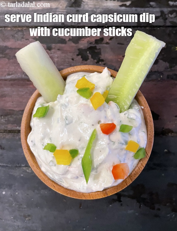 Step 23 – Serve <strong>Indian</strong> <strong>curd capsicum dip&nbsp;</strong>with cucumber sticks.