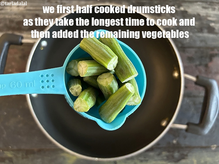 Step 37 – We half cooked the drumsticks first (&nbsp;<em>Saijan ki phalli )</em>&nbsp;as they take the longest time …
