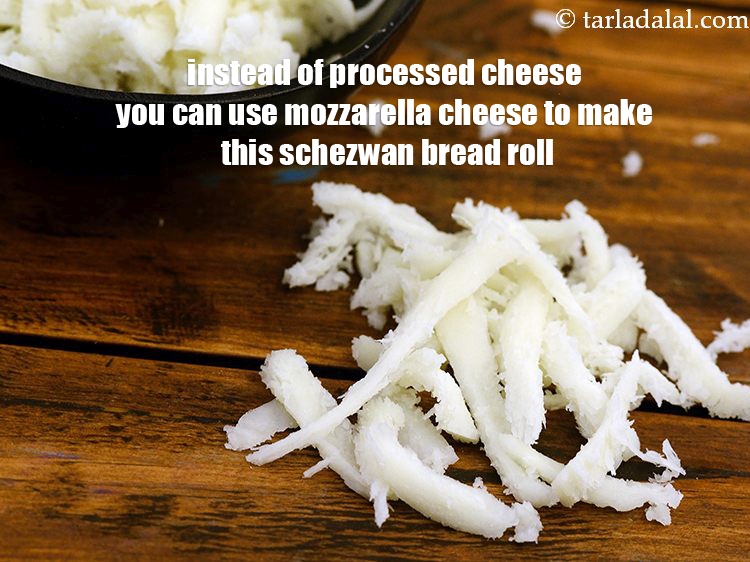 Step 27 – Instead of processed cheese you can use mozzarella cheese to make this schezwan bread roll.