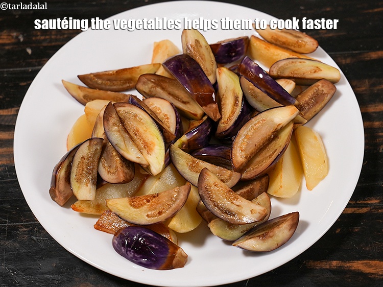 Step 43 – Saut&eacute;ing the vegetables helps them to cook faster.