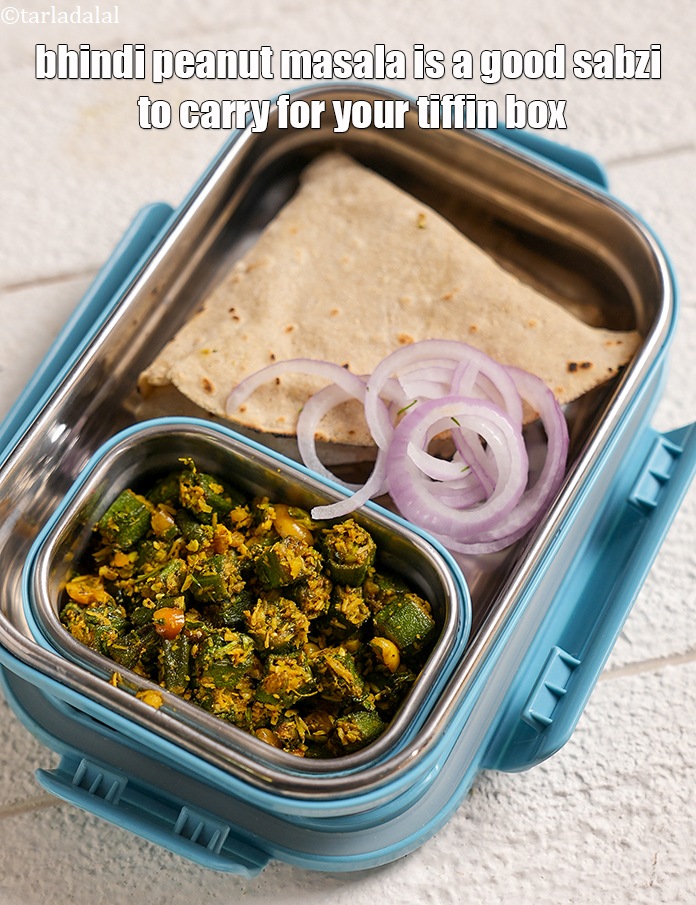 Step 33 – <strong>bhindi peanut masala&nbsp;</strong>is a good sabzi to carry for your tiffin box.