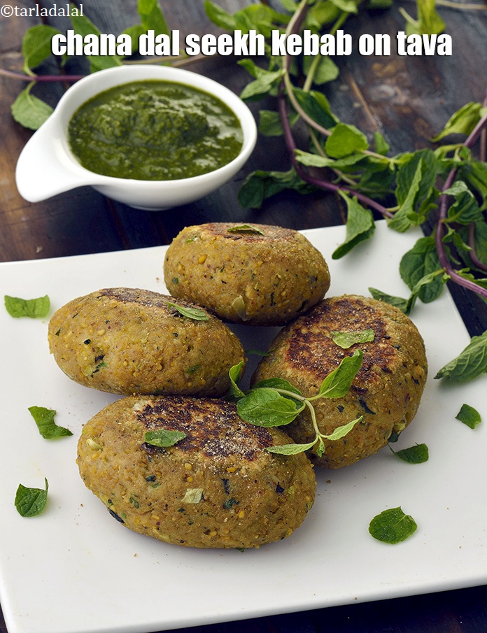Step 43 – Serve <strong>chana dal seekh kebab on tava</strong> hot with green chutney.