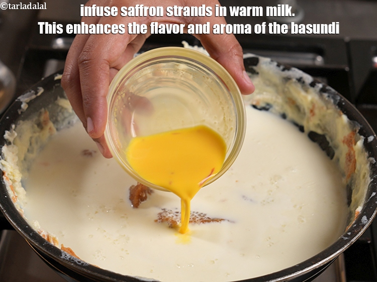 Step 27 – Infuse saffron strands in warm milk. This enhances the flavor and aroma of the basundi.