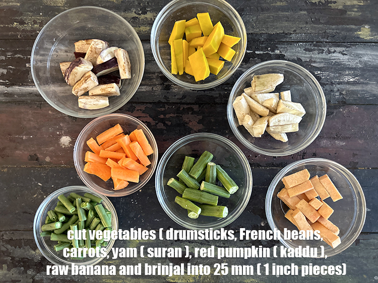 Step 38 – Cut your vegetables ( <strong>drumsticks, French beans,&nbsp;carrots,&nbsp;</strong><meta charset="UTF-8" /><strong>yam (suran)&nbsp;</strong>,&nbsp;<meta charset="UTF-8" />red pumpkin (bhopla / …