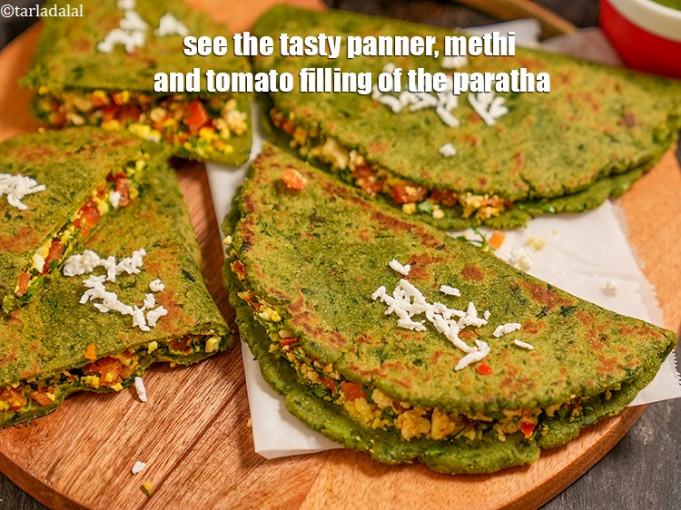 Step 43 – See the tasty panner, methi and tomato filling of the paratha.