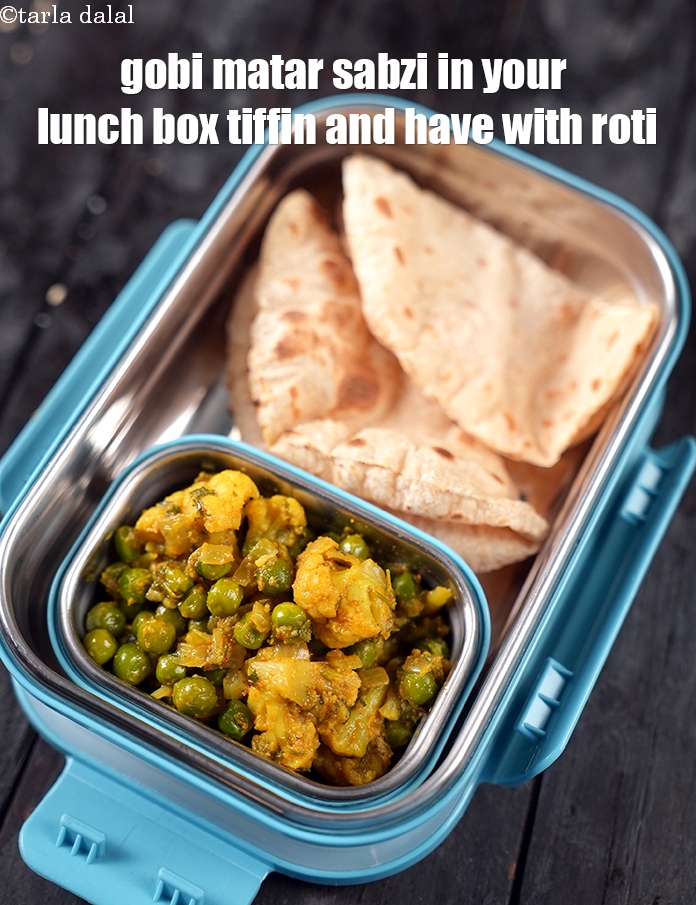 Step 35 – <strong>Gobi matar sabzi</strong> in your lunch box tiffin and have with roti.