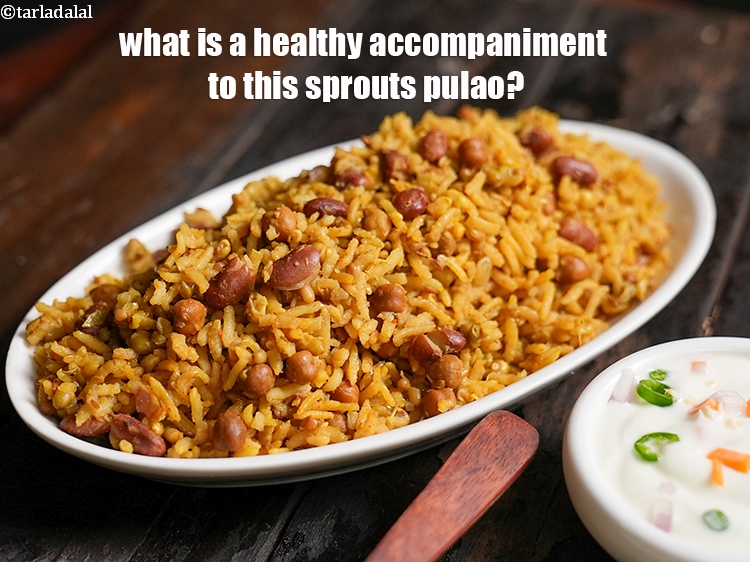 Step 36 – <strong>What is a healthy accompaniment to this sprouts pulao?&nbsp;</strong><meta charset="UTF-8" />We suggest you pair it …