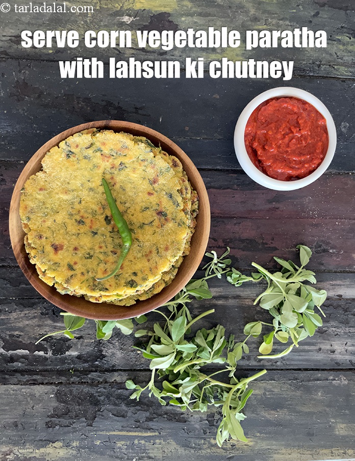 Step 32 – Serve <strong>corn vegetable roti</strong> with lahsun ki chutney.&nbsp;See how to make <a href="https://www.tarladalal.com/lahsun-ki-chutney-lehsun-chutney-3902r"><strong>lahsun ki chutney …