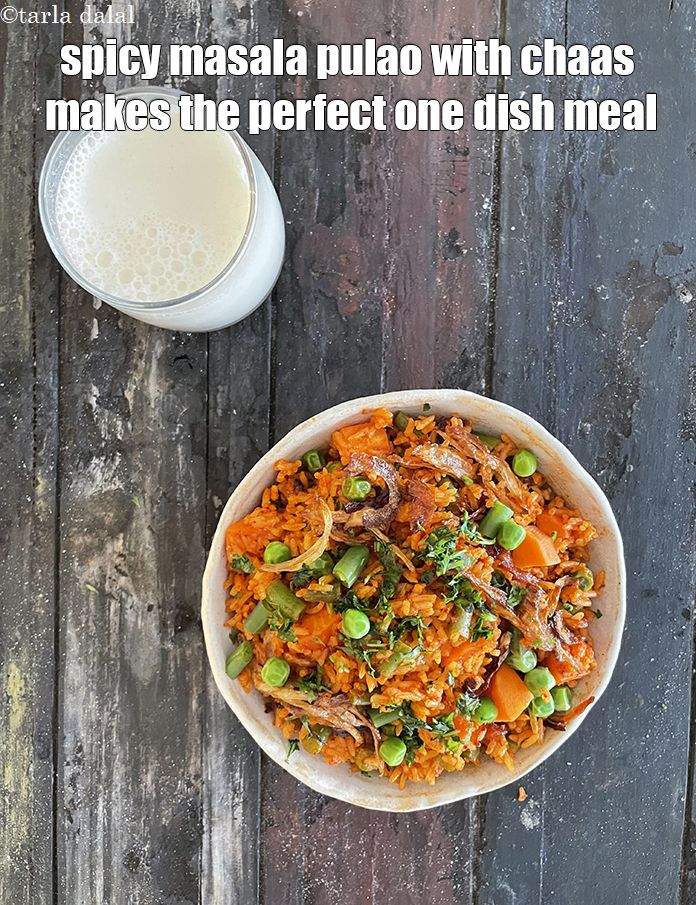 Step 29 – Serve <strong>spicy masala pulao </strong>with <strong>chaas</strong> to make the perfect <strong>one dish meal</strong>.