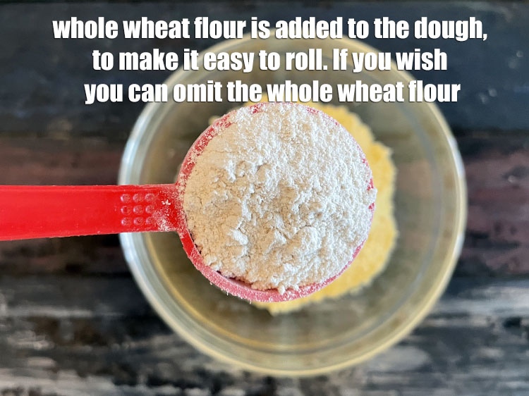 Step 30 – Whole wheat flour is added to the dough, to make it easy to roll. If …