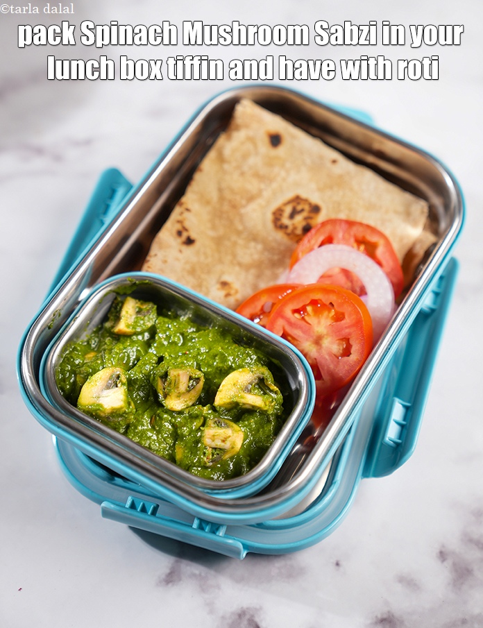 Step 39 – Pack&nbsp;<strong>Spinach Mushroom Sabzi&nbsp;</strong><meta charset="UTF-8" />can be cooled completely and packed in a&nbsp;<a href="https://www.tarladalal.com/recipes-for-indian-tiffin-box-lunch-box-dabba--243">Indian tiffin box, …