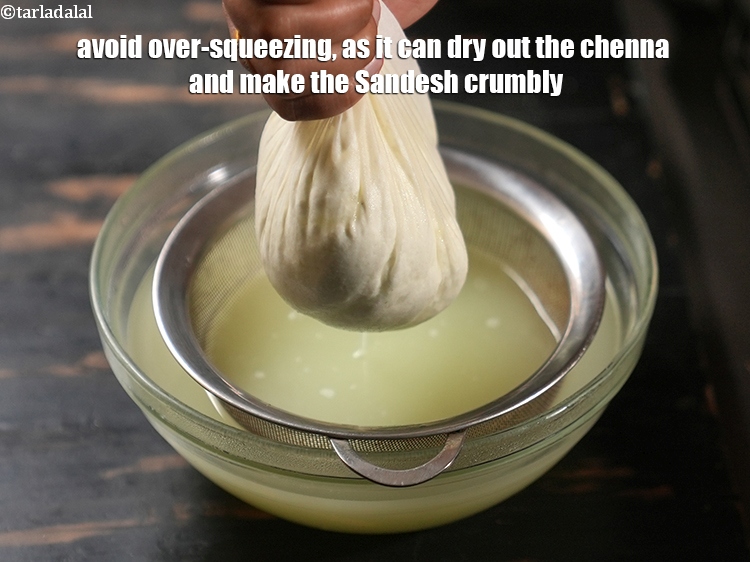 Step 35 – Avoid over-squeezing, as it can dry out the chenna and make the Sandesh crumbly.