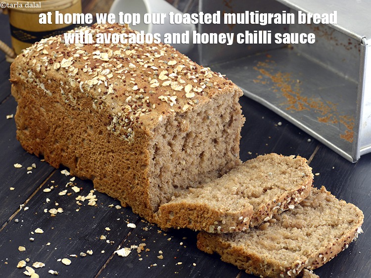 Step 15 – At home we top our toasted <a href="https://www.tarladalal.com/multigrain-bread-homemade-multigrain-bread-40829r"><strong>multigrain bread </strong></a>with avocados and <strong>honey chilli sauce.&nbsp;</strong>