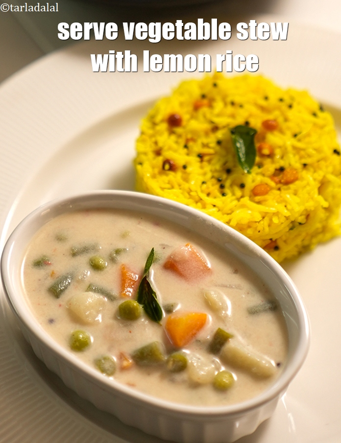 Step 38 – Serve&nbsp;<strong>vegetable stew</strong>&nbsp;with&nbsp;<a href="https://www.tarladalal.com/lemon-rice--south-indian-recipes--32891r">lemon rice</a>.&nbsp;