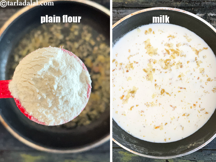 Step 22 – Be very quick after adding maida and milk. Also stir continuously to avoid lump formation.&nbsp;