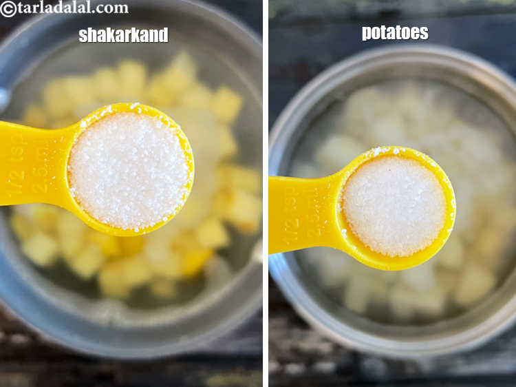 Step 37 – Add salt to shakarkand and potatoes while cooking them.