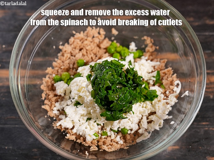 Step 29 – Squeeze and remove the excess water from the spinach to avoid breaking of cutlets.