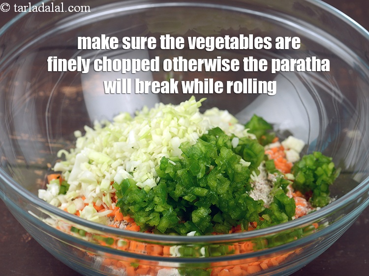 Step 27 – Make sure the vegetables are finely chopped otherwise the paratha will break while rolling.