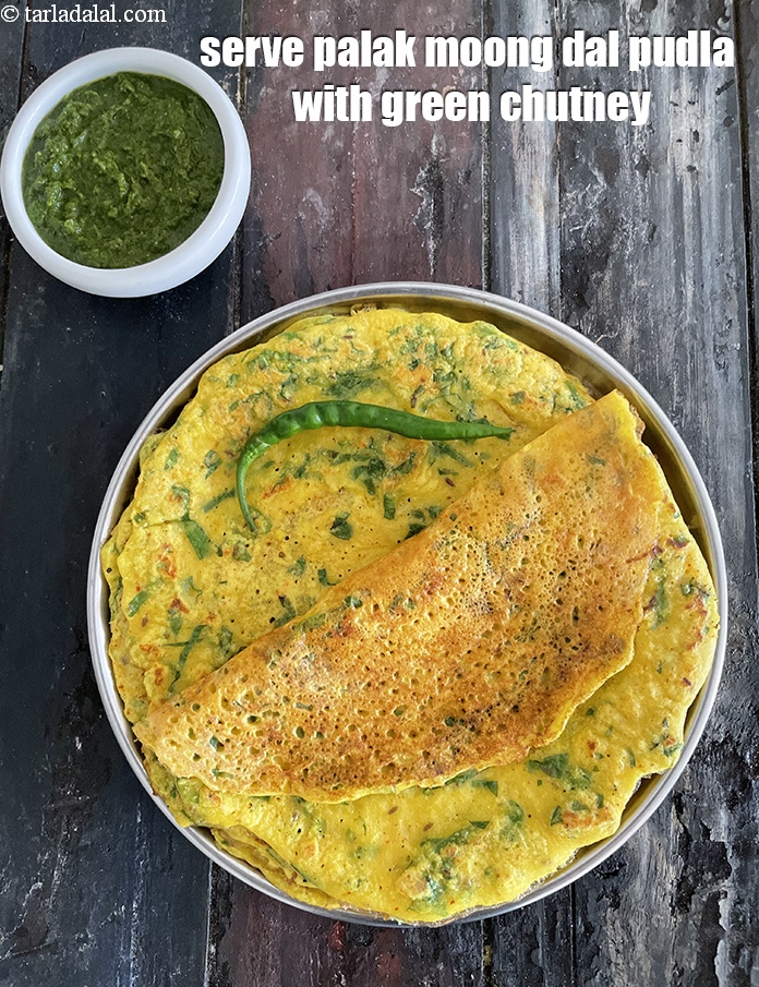 Step 32 – Serve <meta charset="UTF-8" /><strong>palak moong dal&nbsp;</strong><strong>pudla</strong>&nbsp;with green chutney.&nbsp;See <a href="https://www.tarladalal.com/green-chutney-how-to-make-green-chutney-recipe-22266r">how to make green chutney</a>.