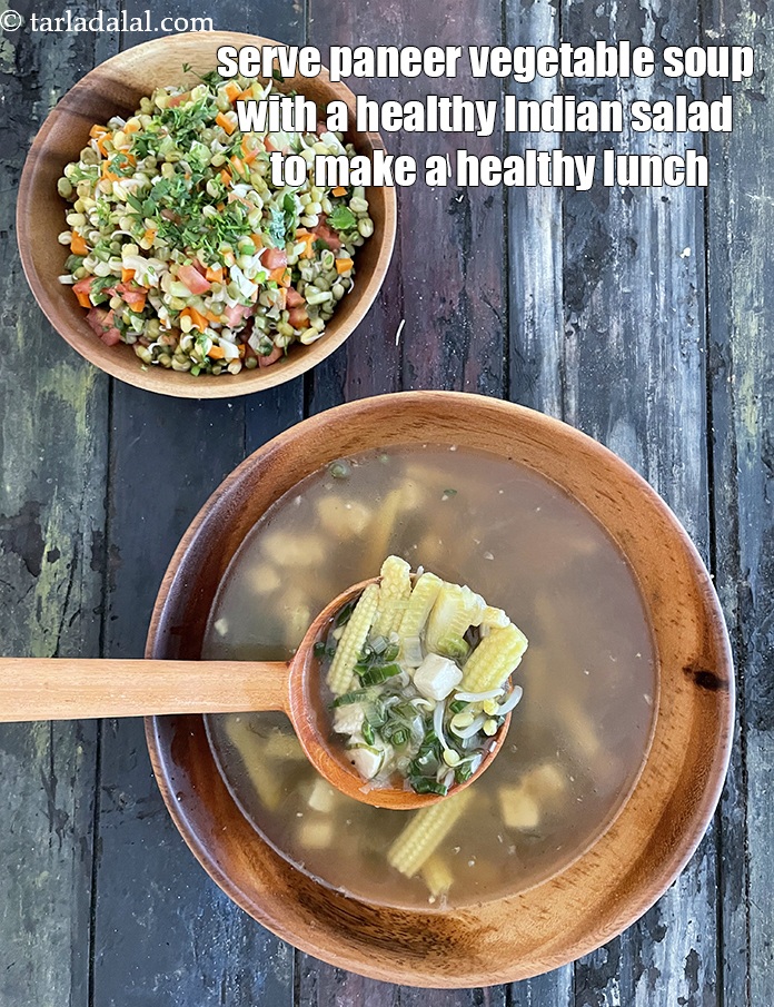 Step 32 – Serve <strong>paneer vegetable soup</strong> with a <a href="https://www.tarladalal.com/sprouted-moong-salad-1350r">healthy sprouted moong salad </a>to make a complete …