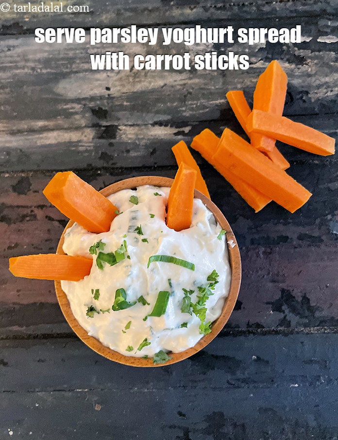 Step 21 – Serve <strong>parsley yoghurt spread&nbsp;</strong>with carrot sticks.