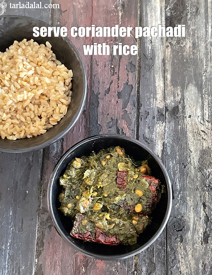 Step 27 – <u><em>Coriander pachadi goes well with any rice.</em></u> Here we have served it with brown rice.&nbsp;