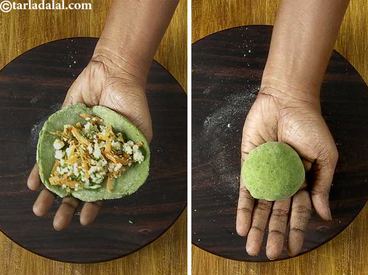 Step 13 – While we have stuffed the paratha and made a semi-circle, you can place the stuffing …