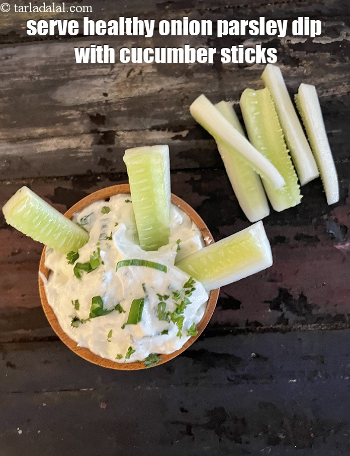 Step 22 – Serve <meta charset="UTF-8" /><strong>healthy onion parsley spread&nbsp;</strong>with cucumber sticks.
