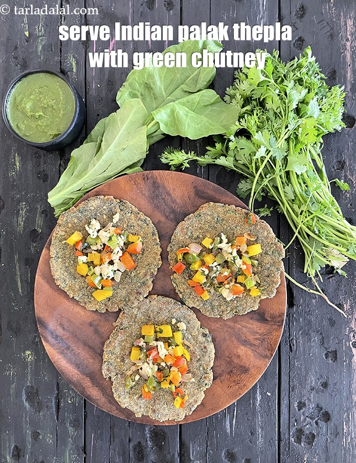 Step 51 – Serve <strong>Indian palak thepla&nbsp;</strong>with green chutney. See <a href="https://www.tarladalal.com/green-chutney-how-to-make-green-chutney-recipe-22266r">how to make green chutney</a>.