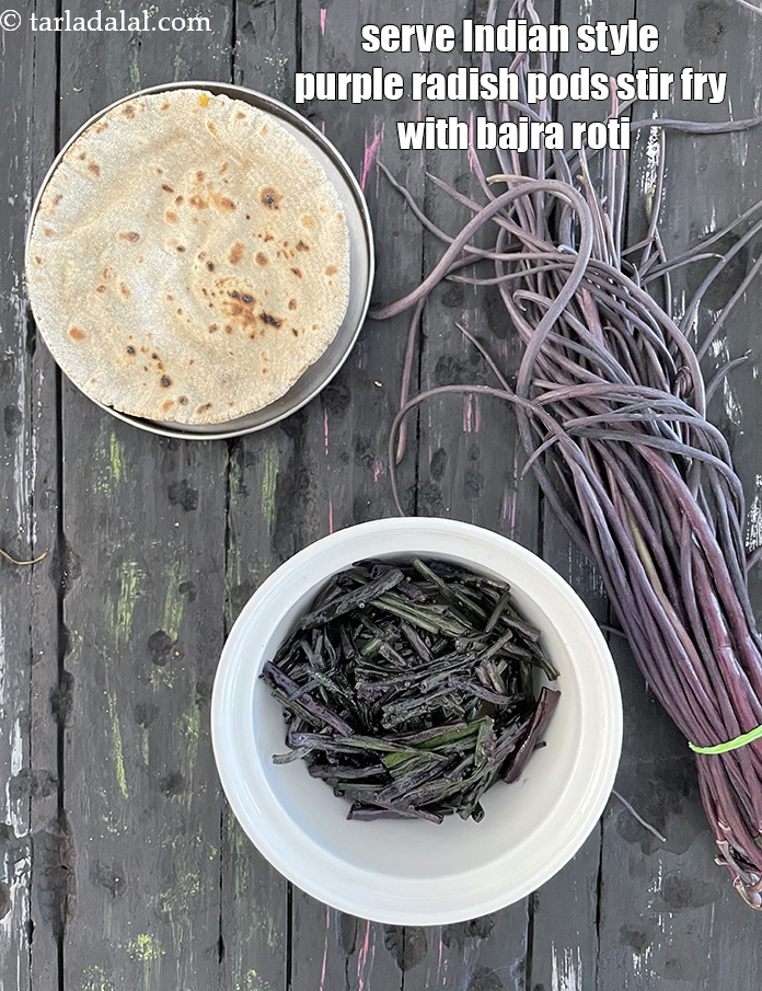 Step 21 – Serve&nbsp;<strong>Indian style purple radish pods stir fry</strong> with bajra roti,&nbsp;jowar roti or roti.