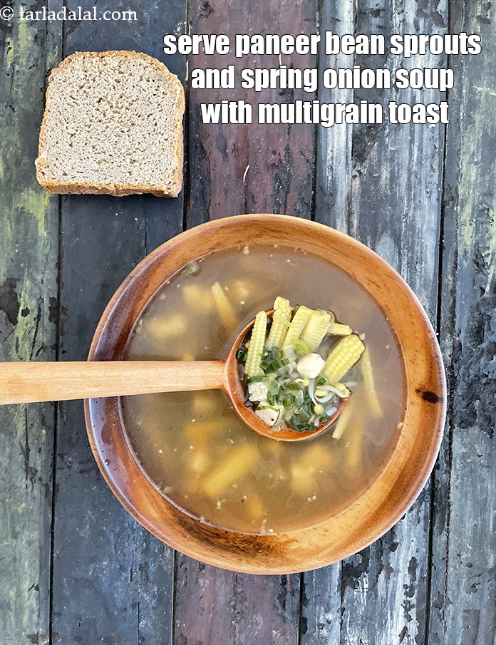 Step 33 – Serve&nbsp;<strong>paneer bean sprouts and spring onion soup </strong>with a multigrain toast.