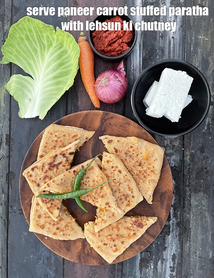 Step 47 – Serve <strong>paneer carrot stuffed paratha</strong> with&nbsp;<meta charset="UTF-8" />with&nbsp;<a href="https://www.tarladalal.com/lehsun-ki-chutney-lasun-ki-chutney-garlic-chutney-for-chaat-3902r">lehsun ki chutney</a>.