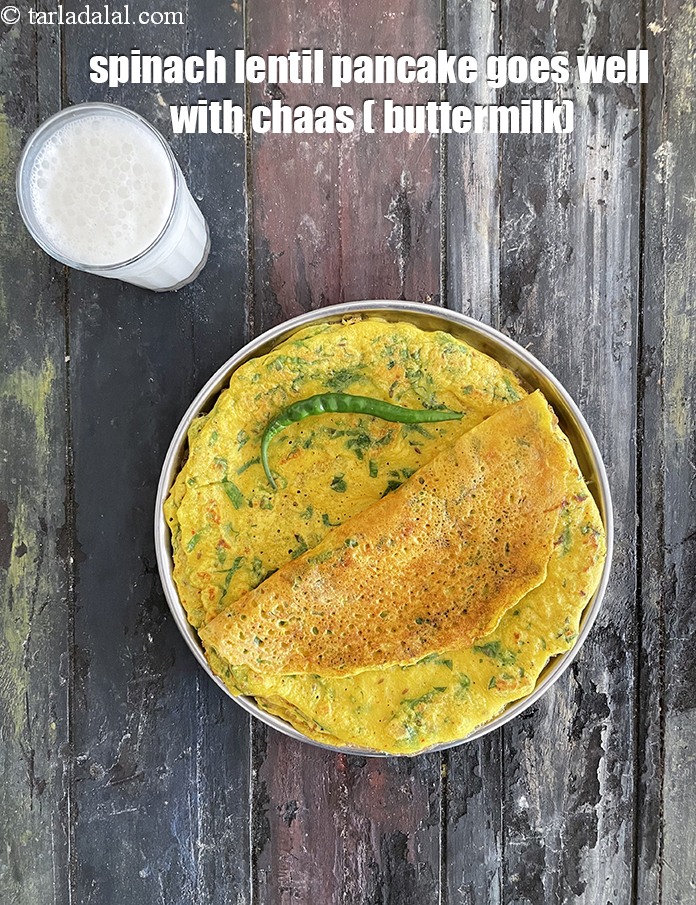 Step 33 – <strong>spinach lentil pancake&nbsp;</strong>goes beat with chaas for breakfast. See <a href="https://www.tarladalal.com/chaas-buttermilk-recipe-salted-chaas-recipe-542r">how to make chaas</a>.