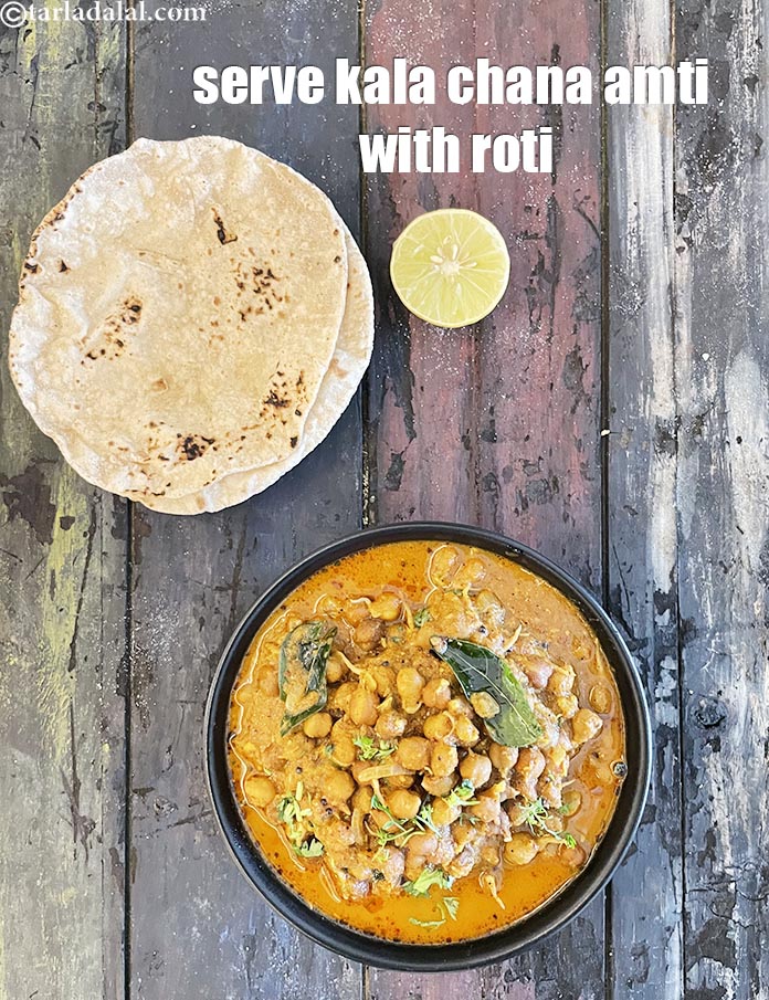 Step 54 – Maharshtrian&#39;s serve&nbsp;kala chana amti with roti.
