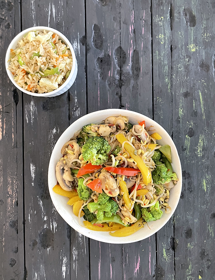 Step 28 – Serve&nbsp;&nbsp;broccoli mushroom bean sprouts stir fry with Chinese fried rice.