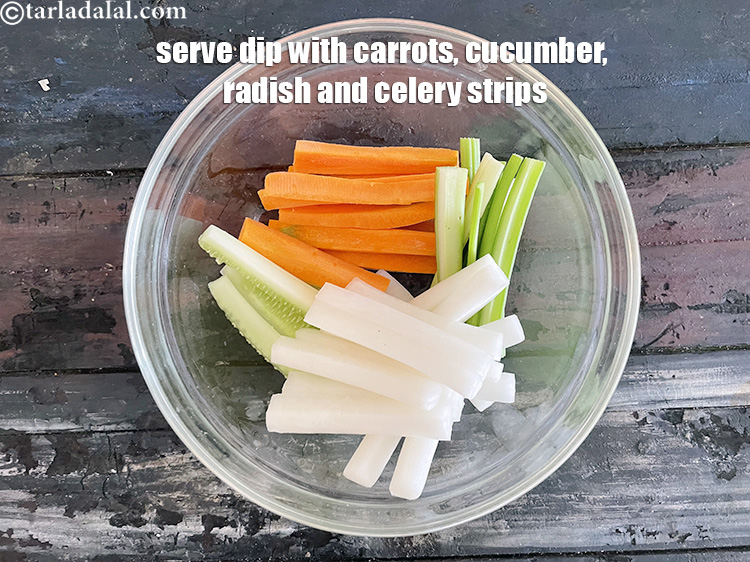 Step 18 – Serve dip with carrots, cucucmber, radish and celery strips.