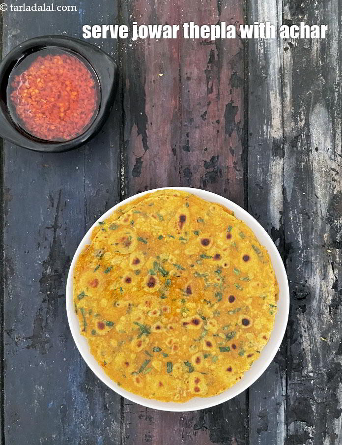 Step 31 – Serve <strong>jowar vegetable paratha | healthy jowar thepla | tiffin box paratha |</strong> with achar.