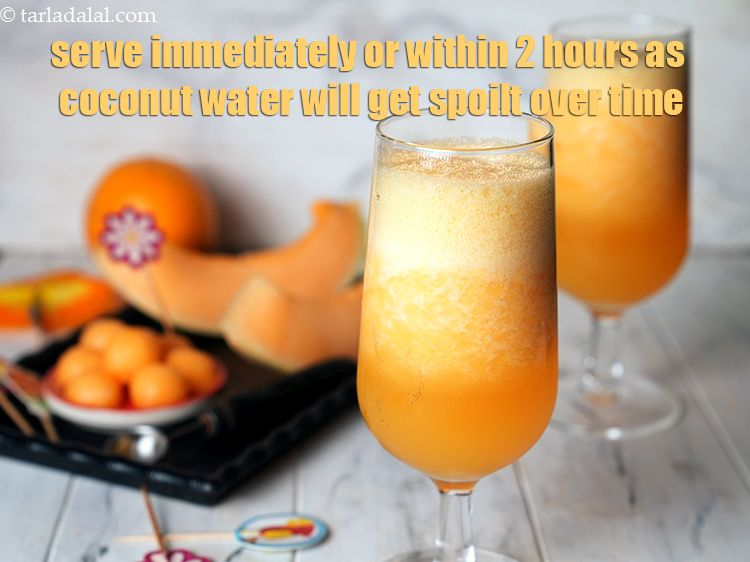 Step 16 – Serve <strong>muskmelon orange and coconut drink </strong>immediately or within 2 hours as coconut water will …