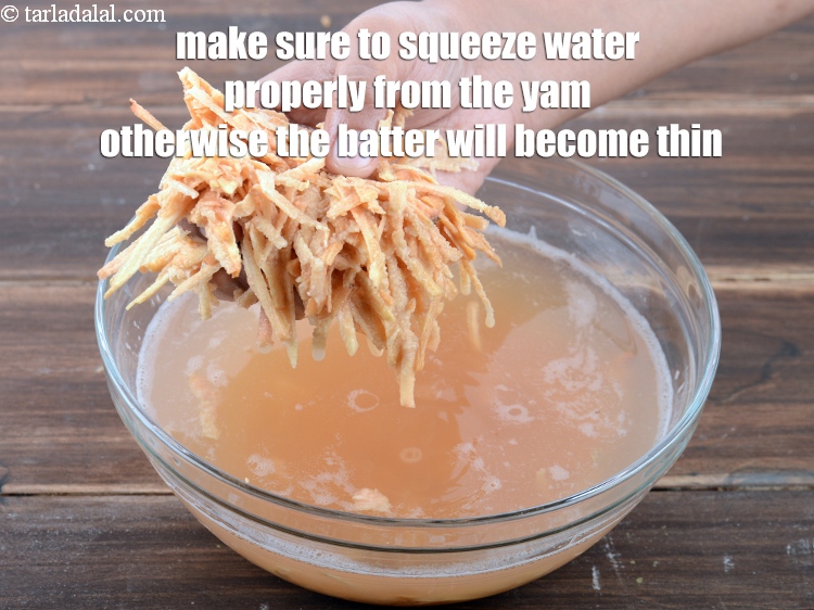 Step 26 – Make sure to squeeze water properly from the yam otherwise the batter will become thin.