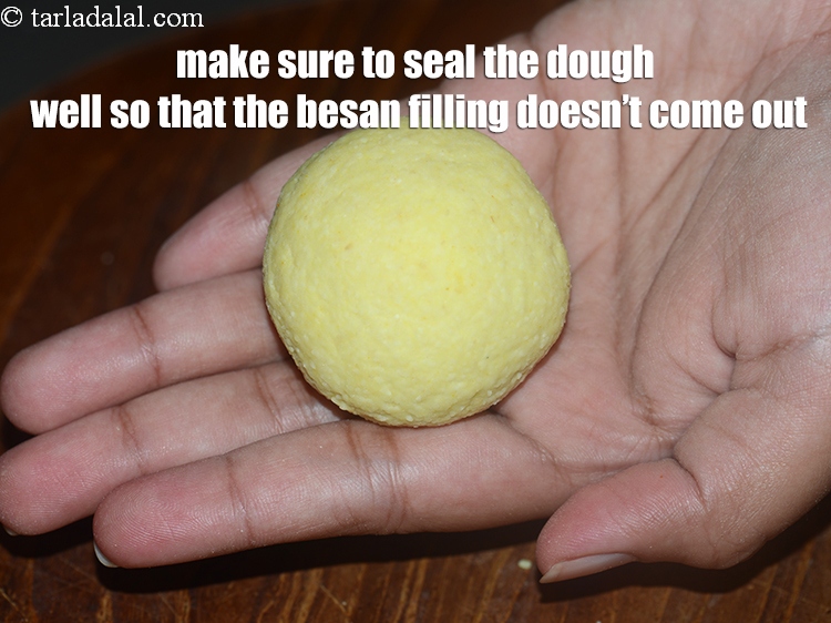 Step 61 – Make sure to seal the dough well so that the besan filling doesn&rsquo;t come out, …