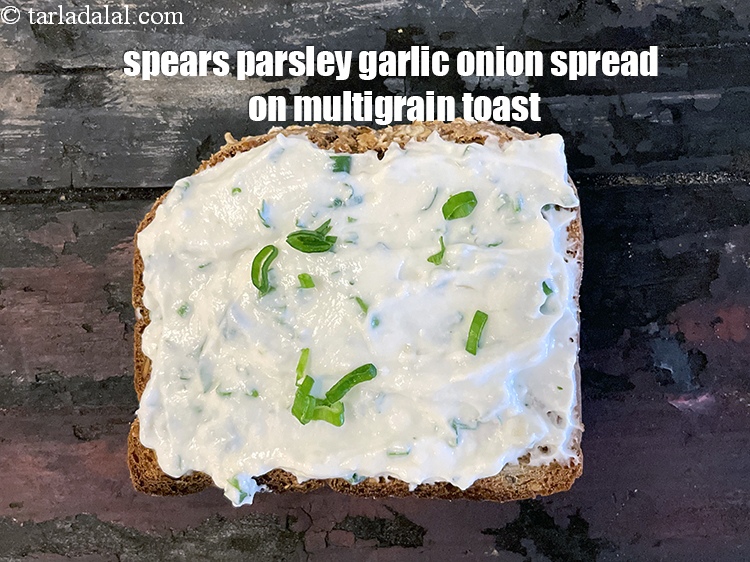 Step 23 – Spread&nbsp;<strong>parsley garlic onion spread&nbsp;</strong>on multigrain toast or whole wheat toast.