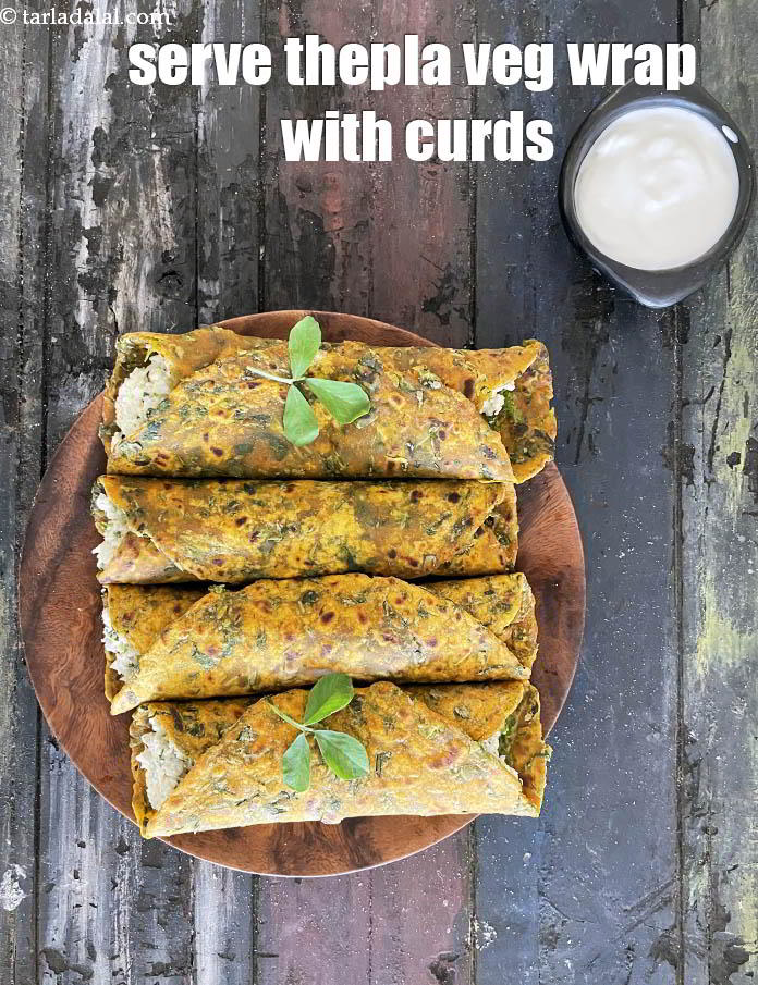 Step 38 – Serve <strong>thepla veg wrap</strong> with curds.